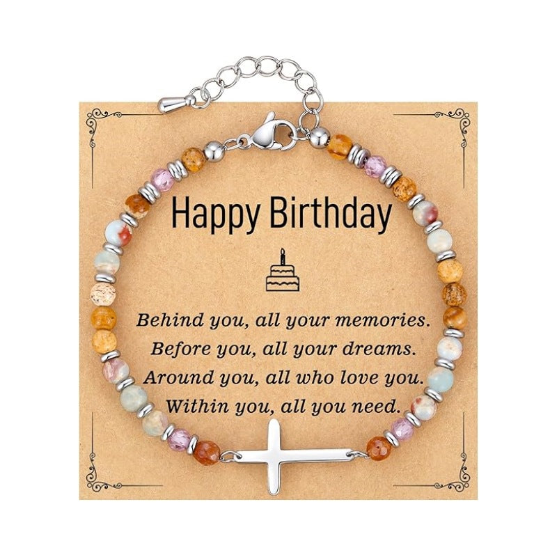 Women's Natural Stone Beaded Cross Lobster Buckle Adjustable Band Bracelet