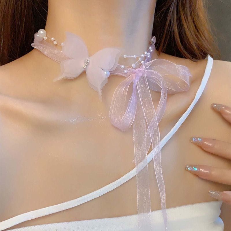 Butterfly Pearl Ribbon Female Niche High-grade Clavicle Chain Collar