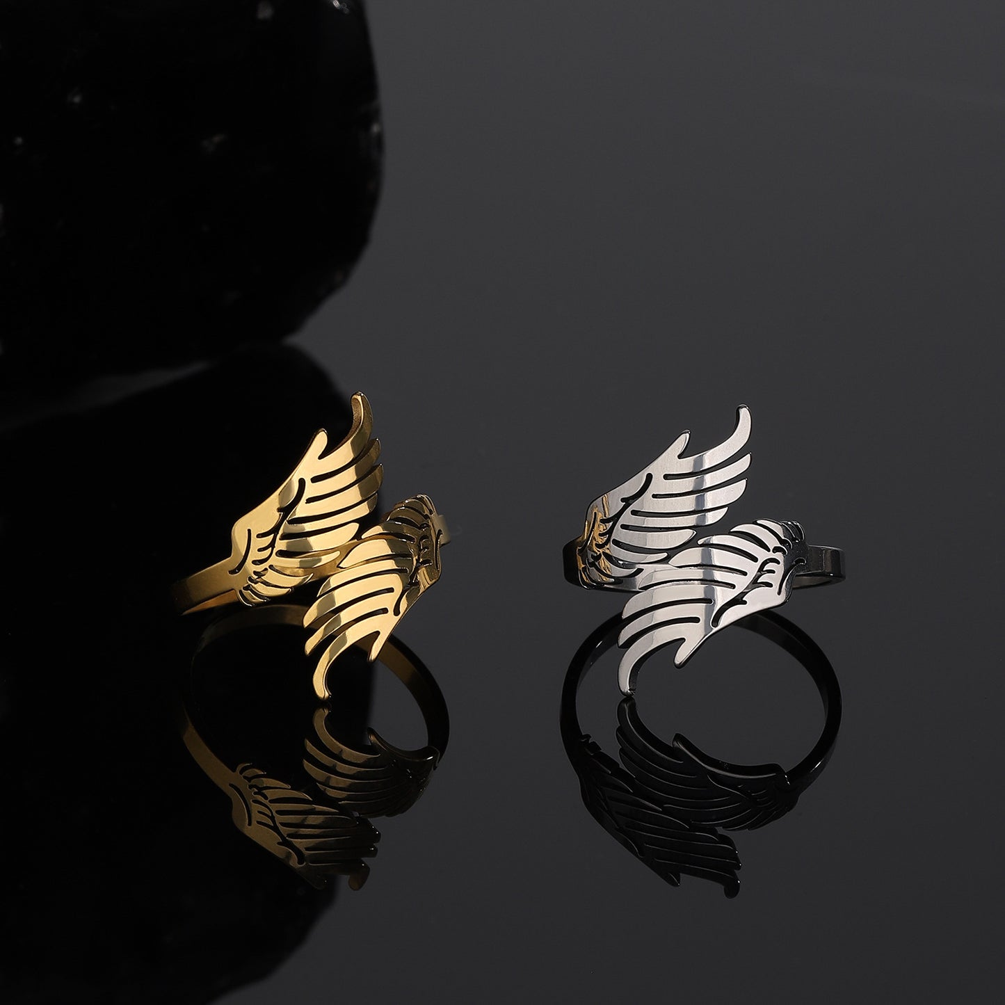 Hip Hop Couple Niche Wings Opening Adjustable Stainless Ring