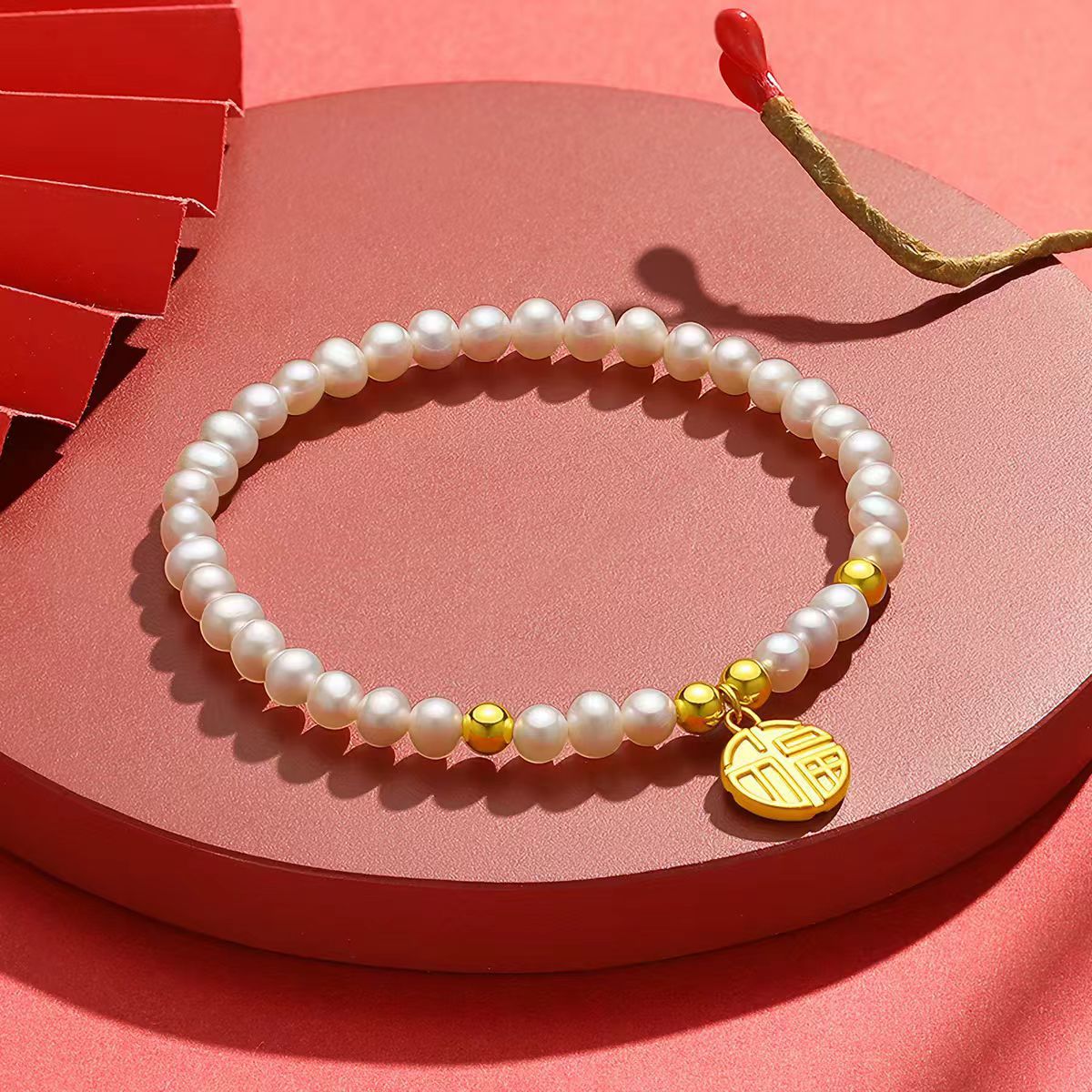 Pearl Lucky Beads Lotus Seedpod Peach Blossom Blessing Card Bracelet