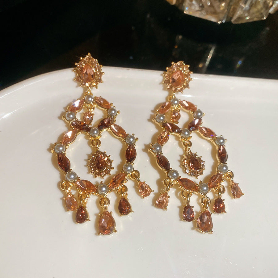 French Flash Zircon Flower Pearl Light Luxury Earrings