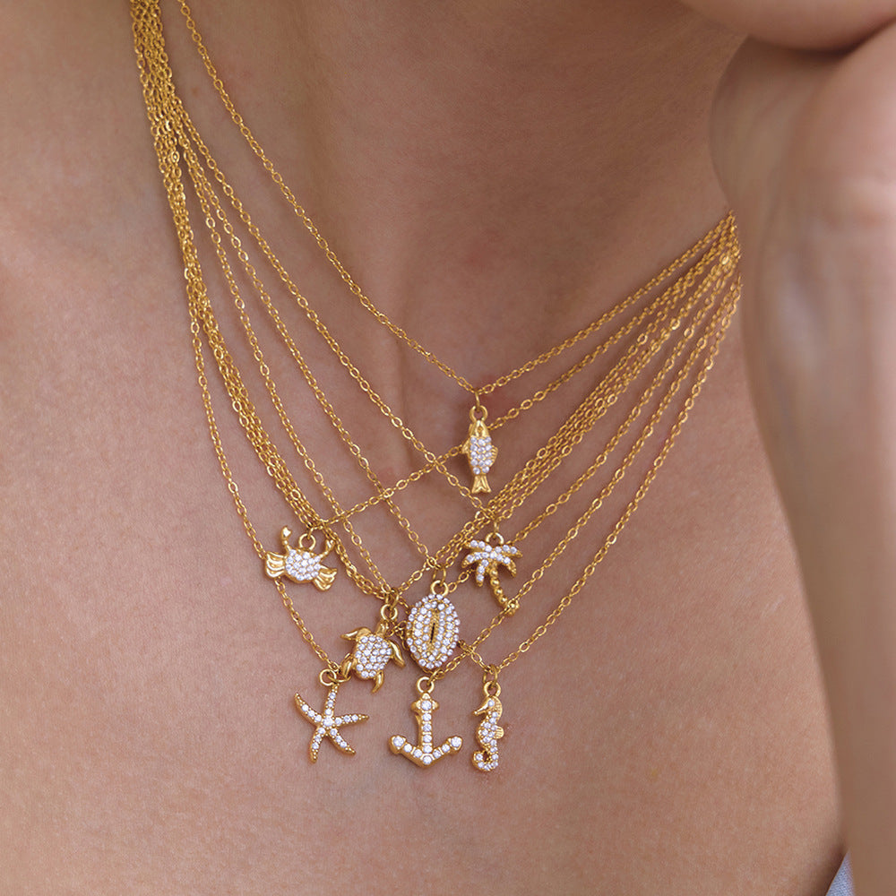 Style Gold Stainless Steel Zircon Marine Light Luxury High Necklace