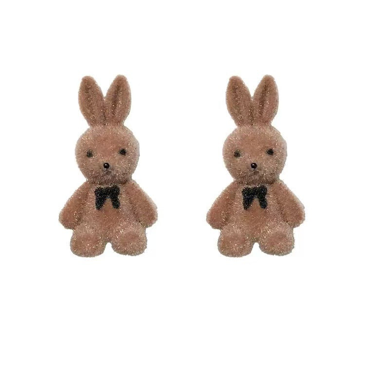 Heart Bunny Korean Flocking Cute Bear Ear Stud Earrings