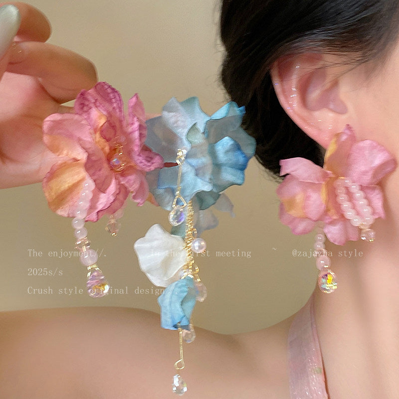 Women's Blue Flower Exaggerating Tassel Super Fairy Rings
