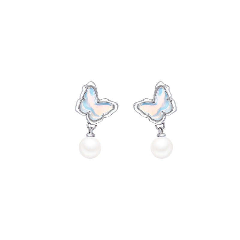 Women's Needle Blue Ocean Butterfly For Light Luxury Minority High-grade Pearl Stud Earrings