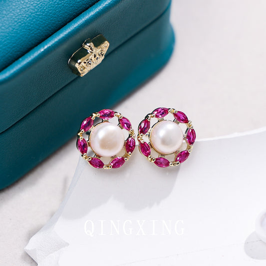 Women's Corundum Freshwater Pearl Ear Pigeon Blood Stud Earrings