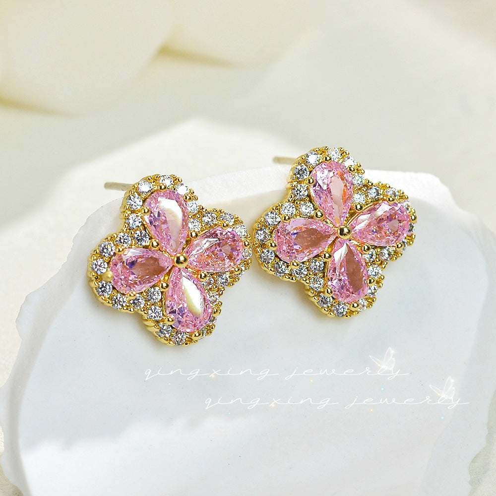 Women's Needle Red Corundum Zircon Dopamine Wear Color Clover Earrings