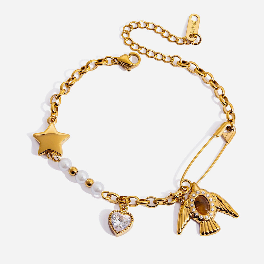 Women's Stainless Steel Pearl Tigereye Flying Bird Light Luxury Bracelet