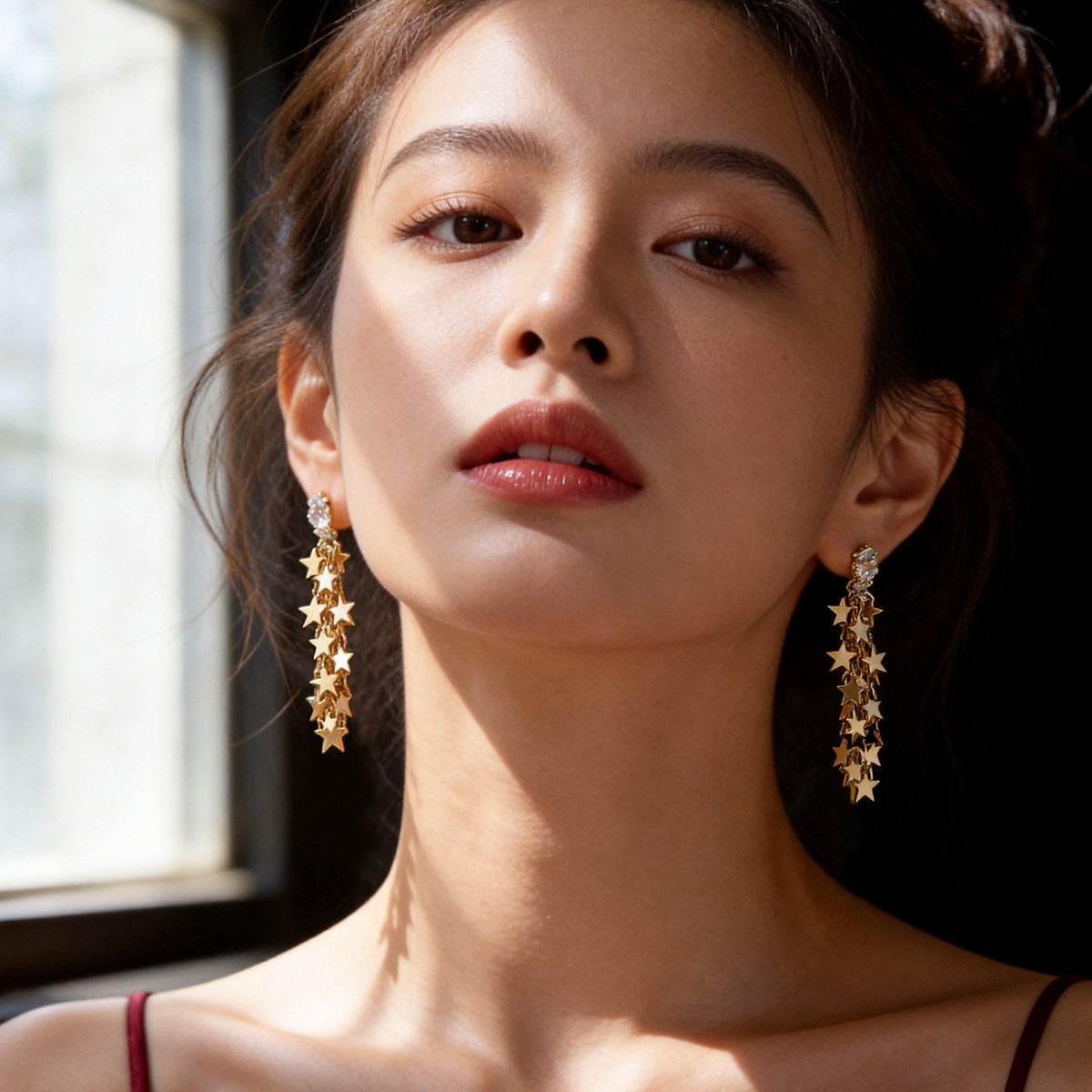 Trendy Inlaid Zirconium Pentagram Long Super Fairy Tassel Stud Earrings