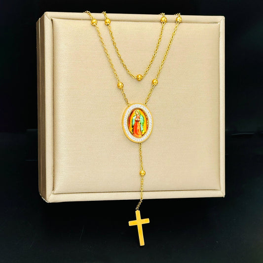 Colored Cross Stainless Steel Ornament Oval Virgin Portrait Niche Necklaces