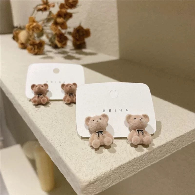 Heart Bunny Korean Flocking Cute Bear Ear Stud Earrings