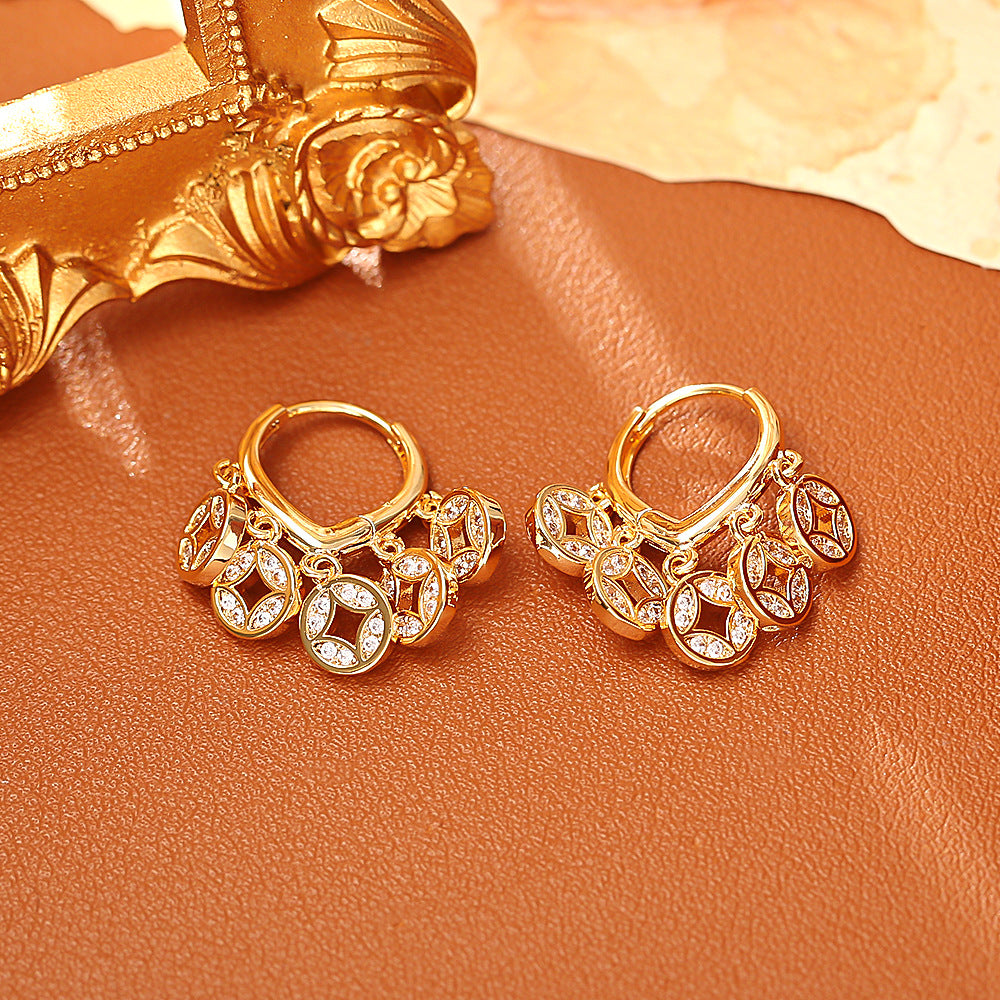 Five Coins Duo Copper Plated Real Gold Shiny Zircon Female Earrings