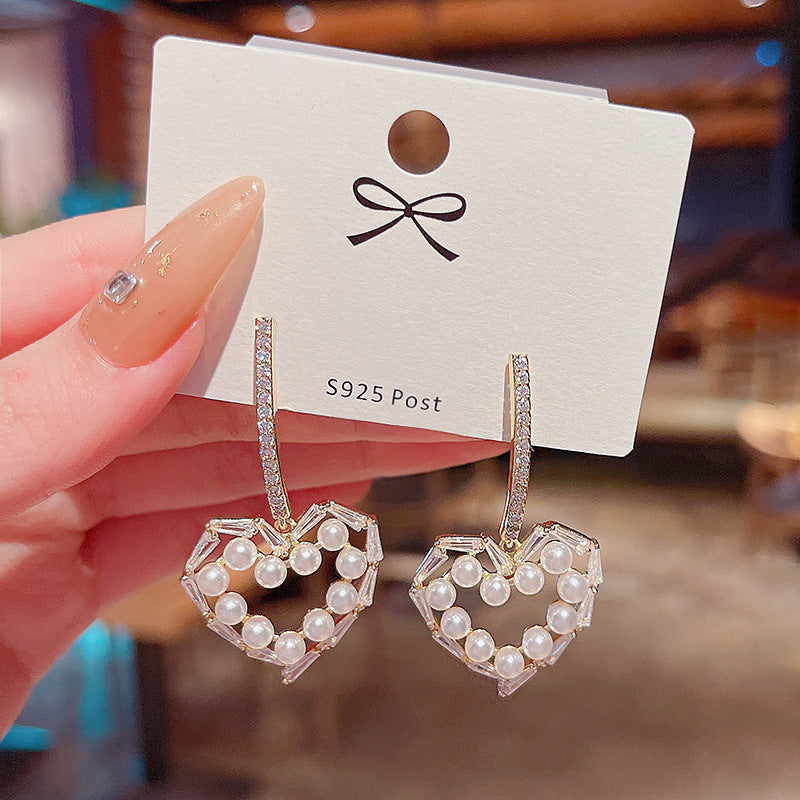 Luxury Minority Korean Style Hollowed Heart Shape Pearl Zircon Super Rings