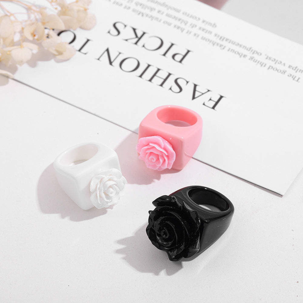 Asian Culture Black White Rose Resin Fashion Pink Decorative Punk Ring