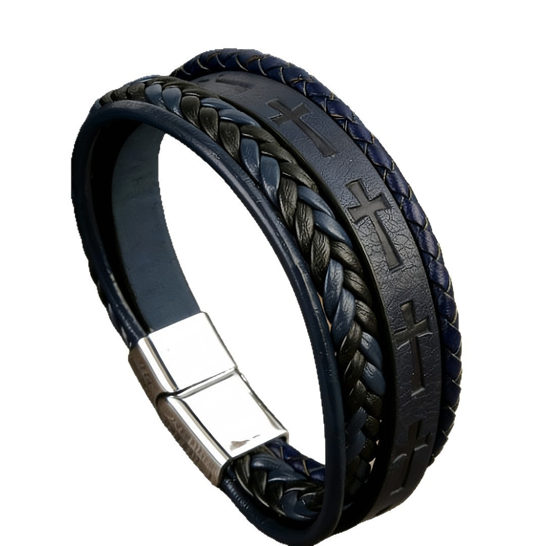 Men's Woven Leather Cross Magnetic Snap Trendy Cool Bracelets