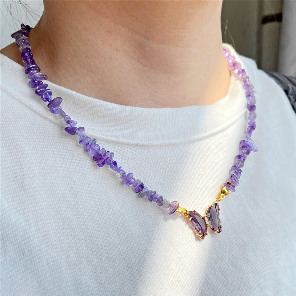 Women's Stone Gravel Beads Simple Butterfly Gem Necklaces