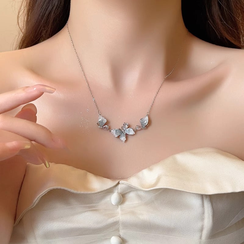 Style Temperament Crystal Butterfly Niche Design Blue Gradient Necklaces