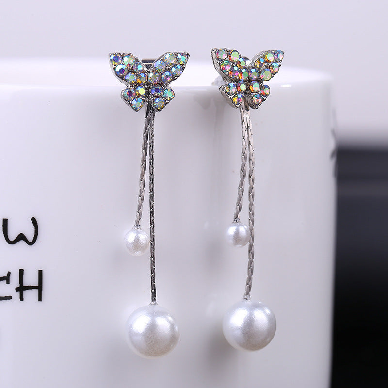 Women's Elegant Flexible Butterfly Long Personality Trendy Pearl Earrings