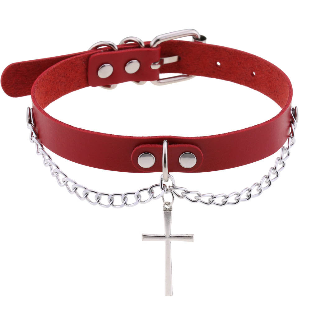 Leather Chain Cross Clavicle Classic Neckband Collar