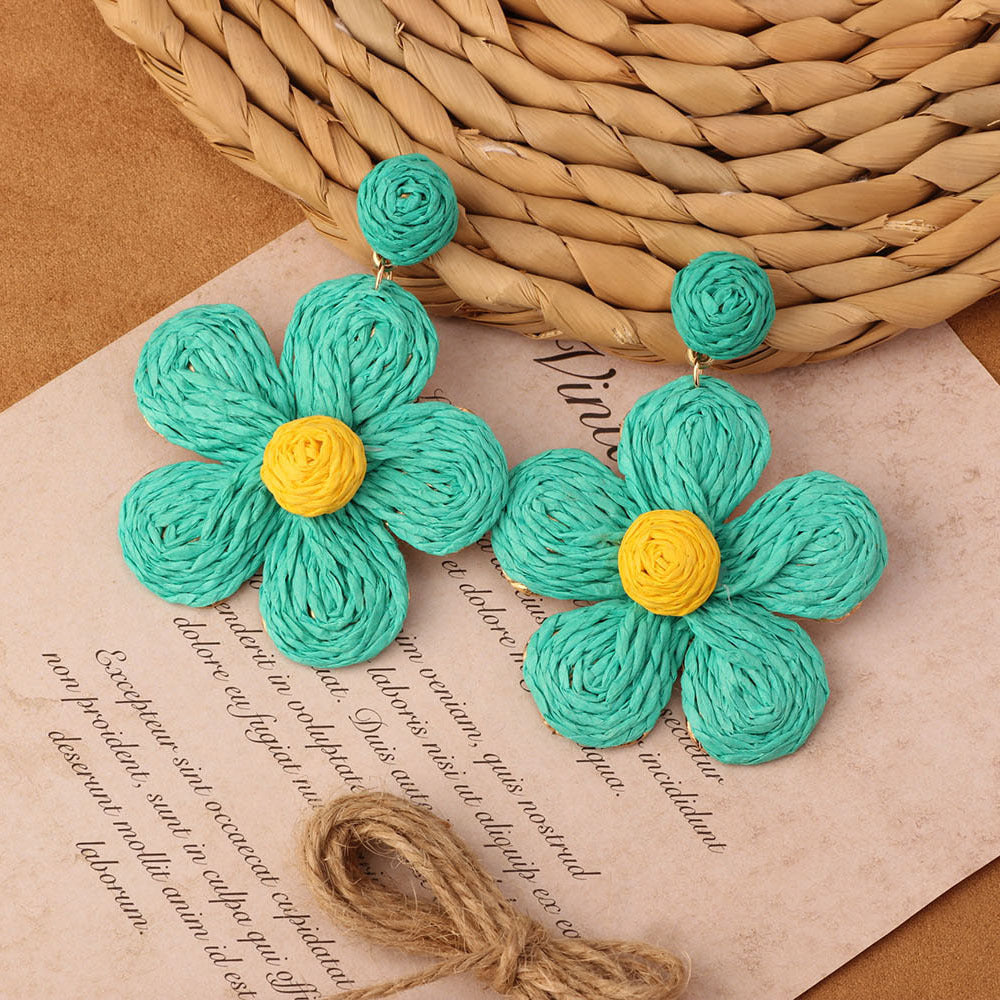 Retro Beach Vacation Bohemian Grass Rattan Woven Female Temperament Long Earrings