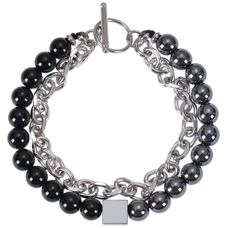 Men's Stainless Steel Square Black Magnet Beaded Bracelet