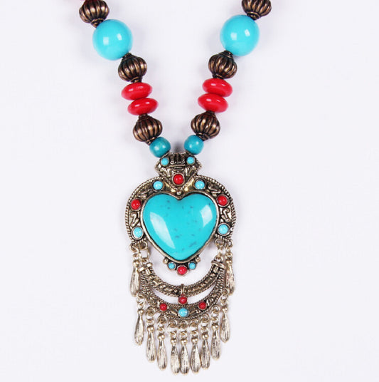Gem Peach Heart Water Drop Sweater Chain Ethnic Necklaces