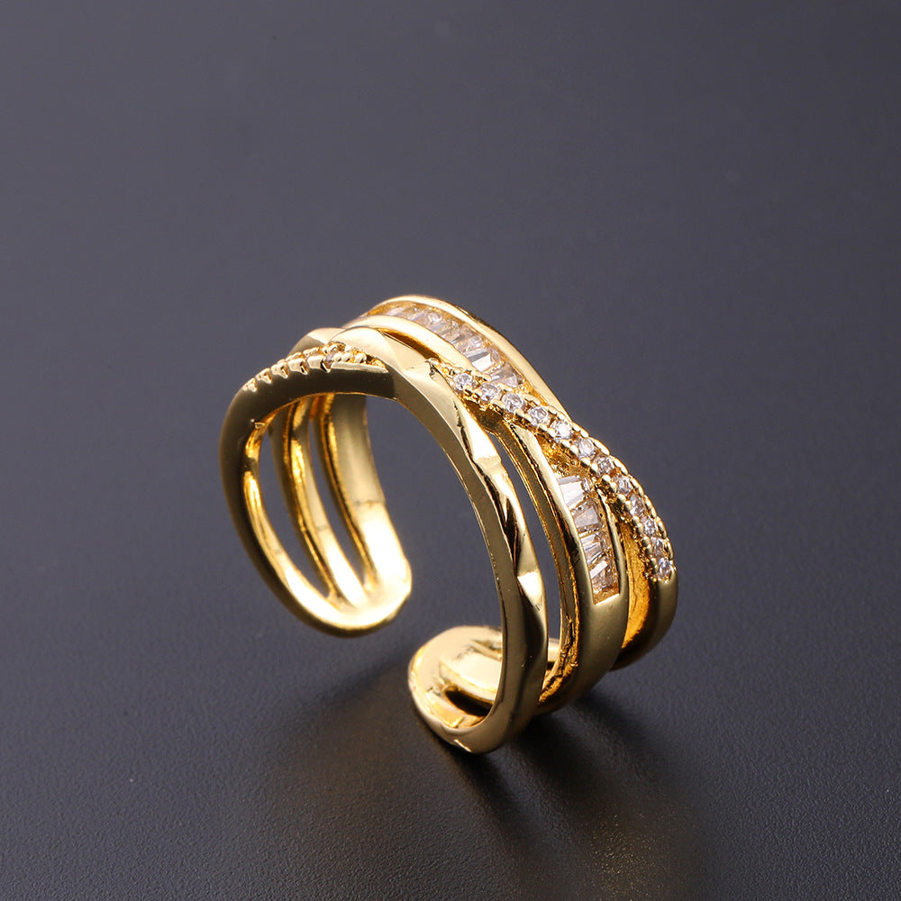 Women's Copper Zircon Electroplated Real Gold Open Index Ring