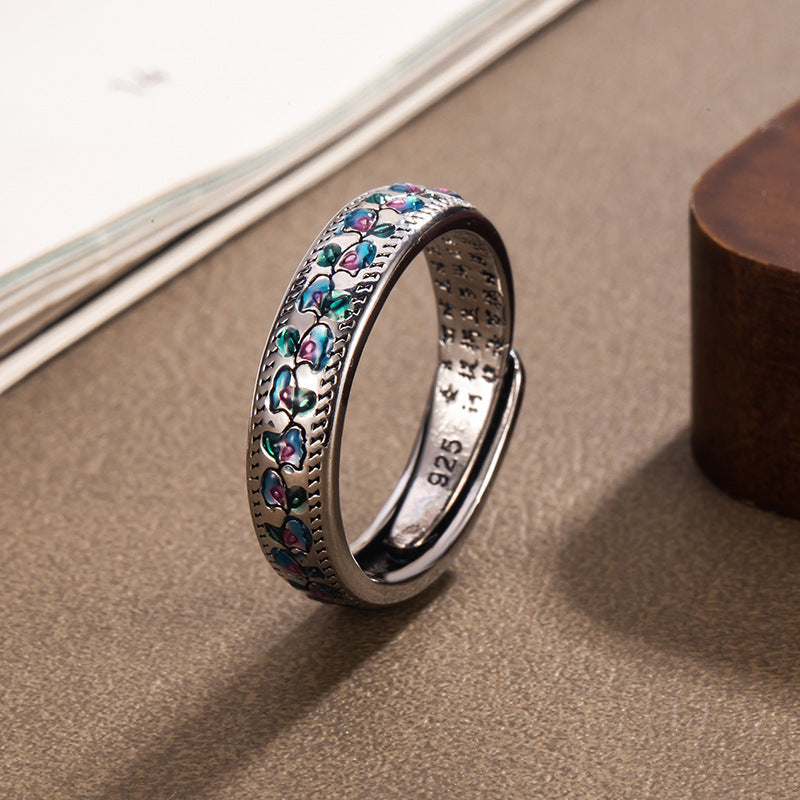 Enamel Apricot Leaf Vine Female Opening Chinese Style Retro National Ring