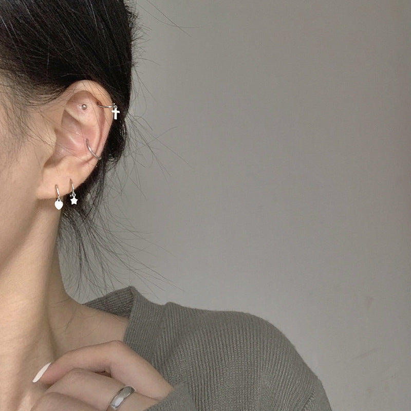 Sier Needle Pentagram Simple Temperamental Cross Ear Earrings