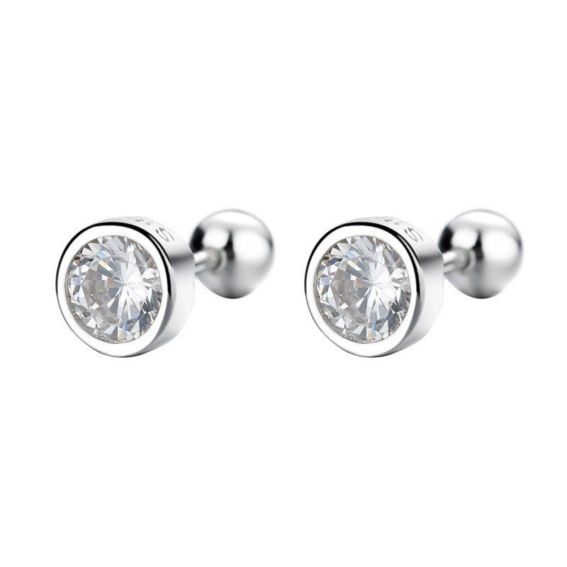 Men's Sier Needle Zircon Round Beads Thread Single Earrings