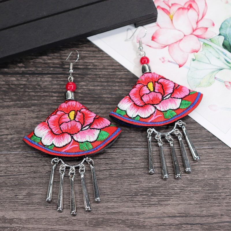 Women's Retro Ethnic Style Handmade Embroidered Fabric Long Flower Earrings