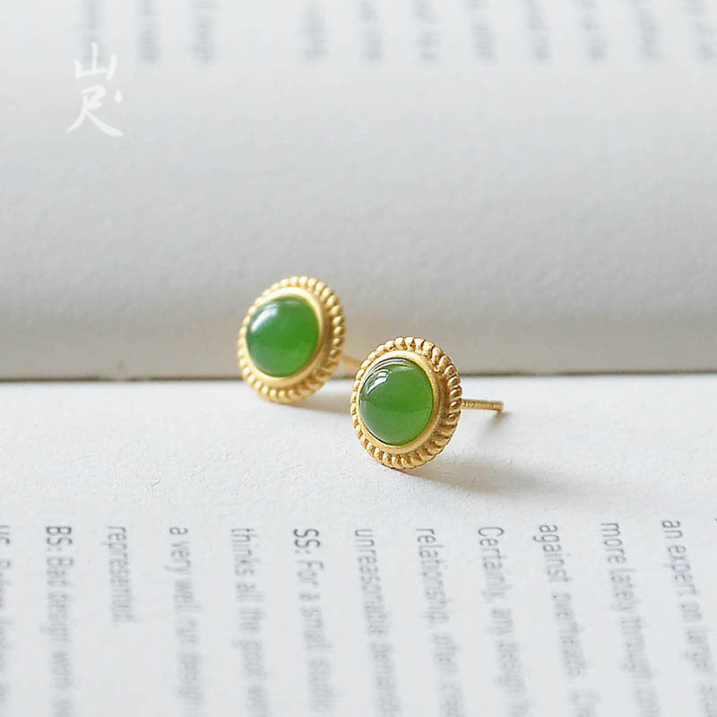 Natural Jade Green Round Sterling Sier Gold-plated Simple Earrings
