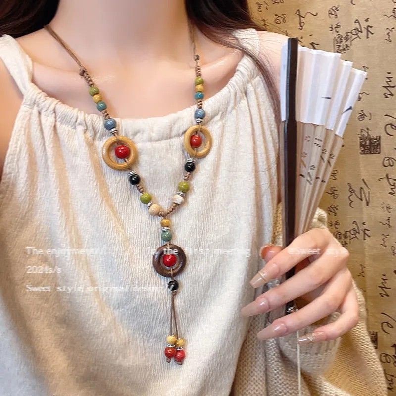 Women's In Southern Chinese Style Ceramic Antique Zen Cool Long Sweater Necklace