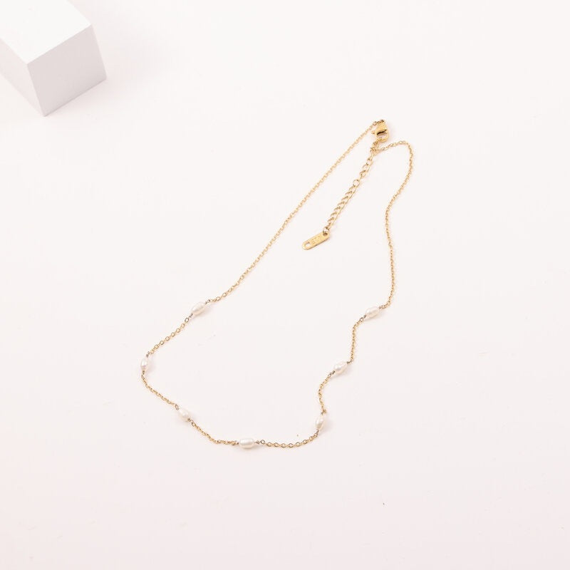 Freshwater Pearl Rice Beads Titanium Steel Electroplating Necklaces