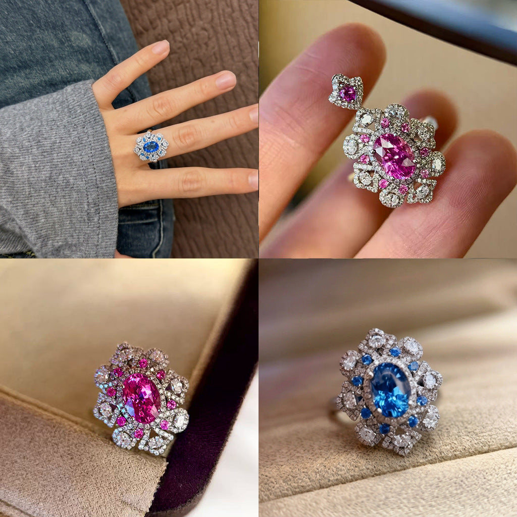 Women's Live Broadcast Secret Garden Romantic Pink Corundum Full Diamond Blue Jewelry Set