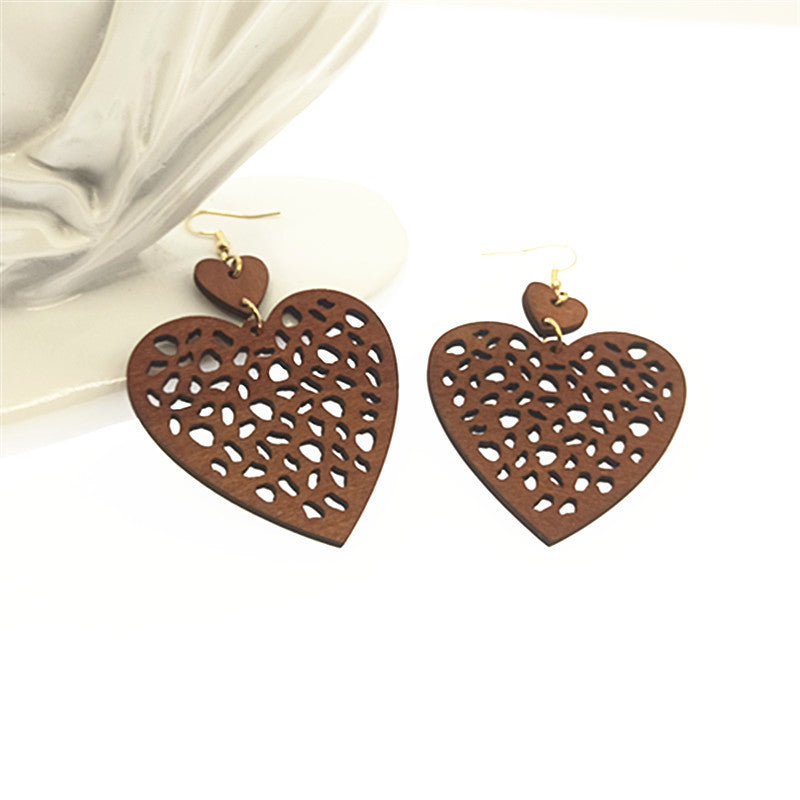 Bohemian Vintage Mesh Cut Wood Piece Geometric Heart Earrings