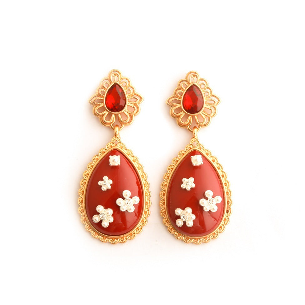 Real Gold Gaanized Enamel Diamond Retro Earrings