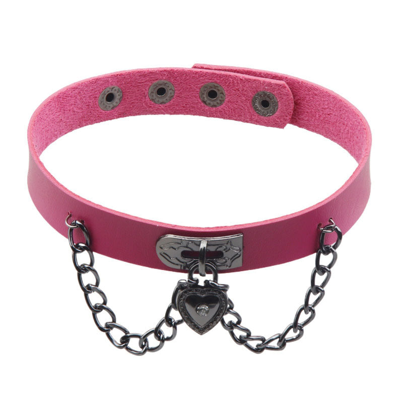 Dark Punk Heart Leather Chain Neck Band Peach Style Collar
