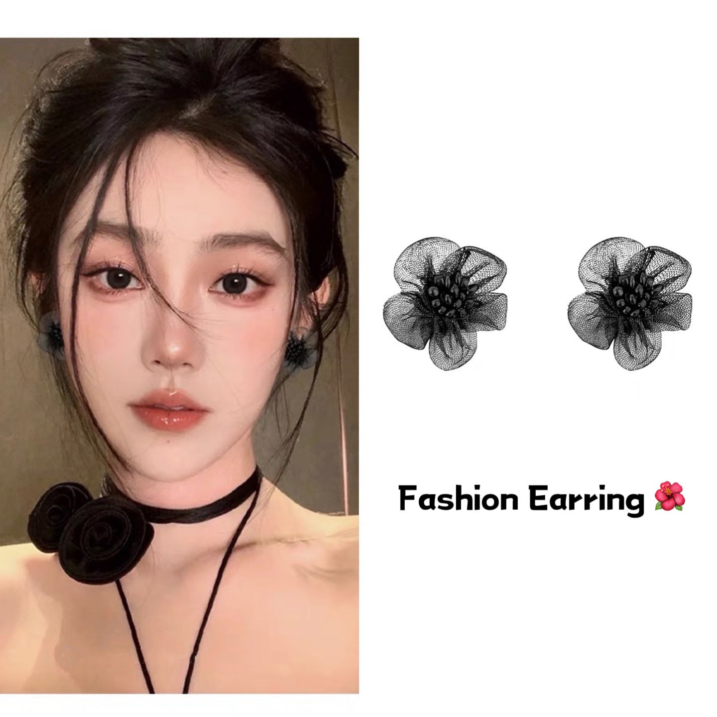 Women's White Fabric Flower High-grade Sweet Stainless Steel Earrings