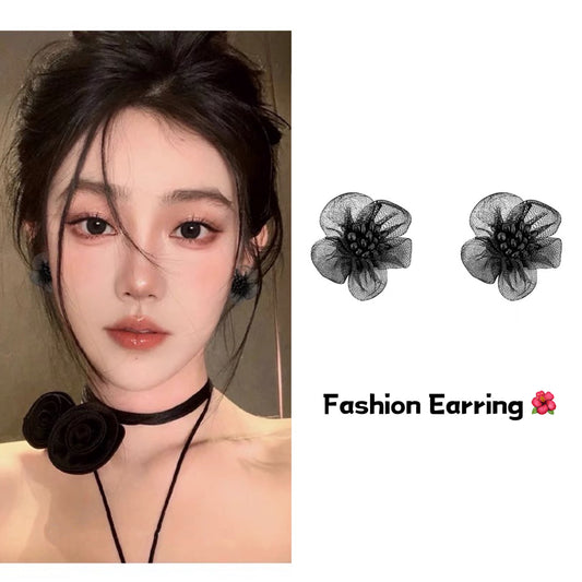 Women's White Fabric Flower High-grade Sweet Stainless Steel Earrings
