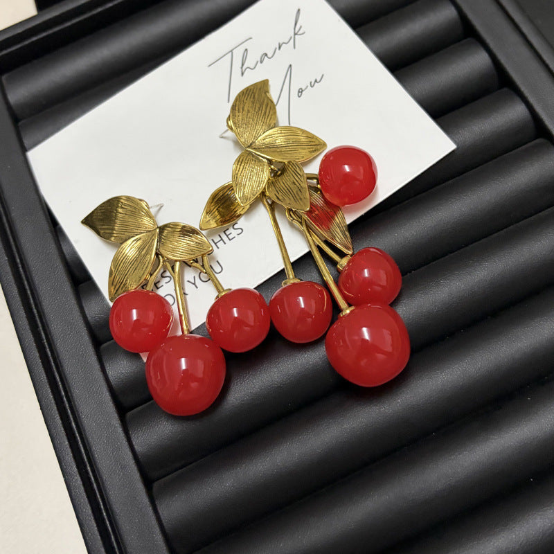 Women's Distressed Metal Leaf Resin Fruit Light Luxury High-grade Fashionable Earrings