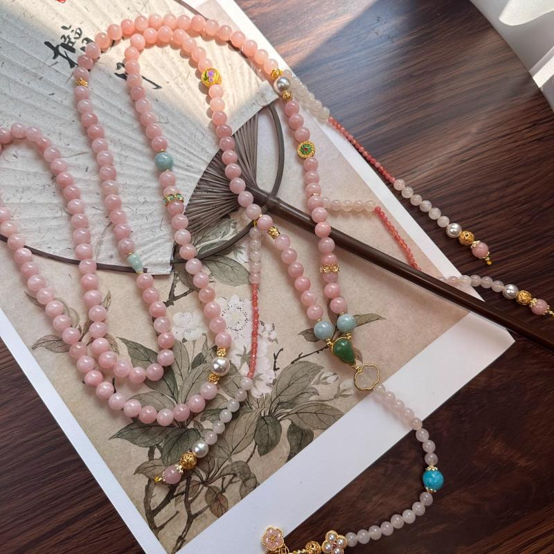 Chinese Style Peach Color Beaded Chain Necklace