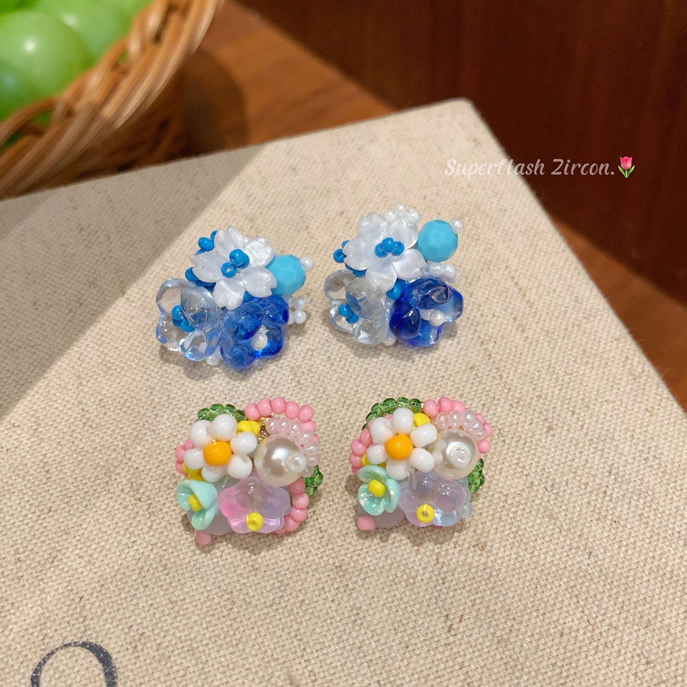 Sier Nail Blue Pink Bead Fashion Commuter Niche Earrings