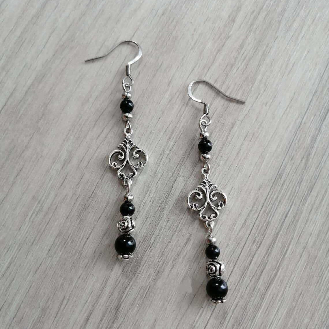Onyx Agate Black Natural Stone Gothic Style Victorian Earrings