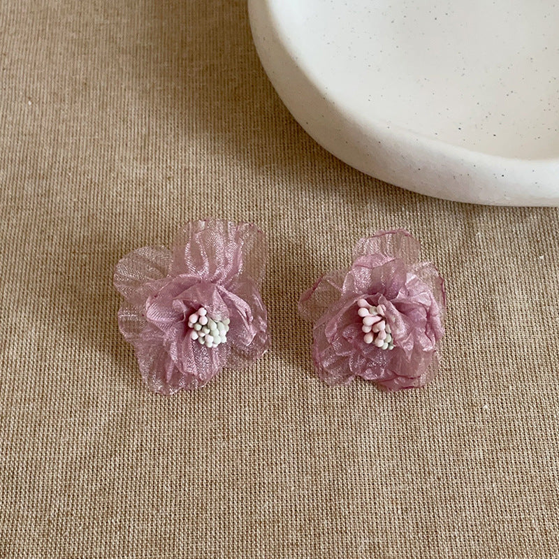 Women's Transparent Three-dimensional Net Yarn Flowers High Sense Graceful Fashionable Earrings