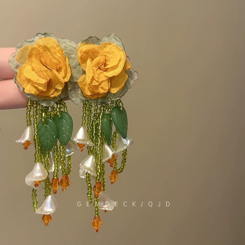 Women's Green Leaf Lily Yellow Series Tassel Light Luxury High-grade Sweet Rings
