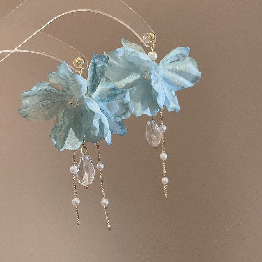 Women's Fresh Blue Fabric Flower Tassel Seaside Vacation Style Light Stud Earrings