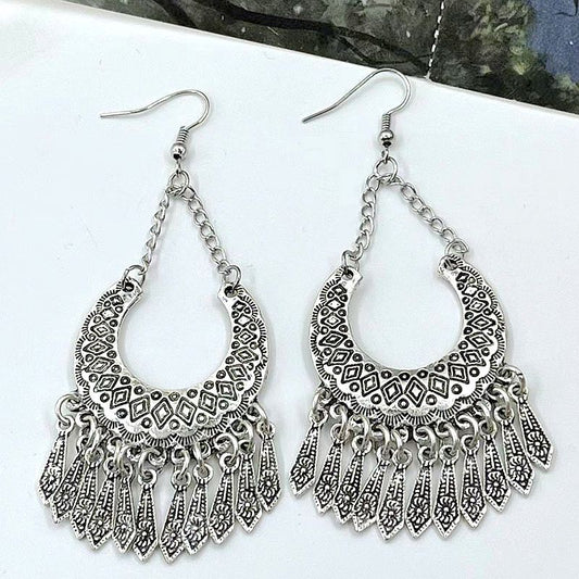 Bohemian Hollow Moon Carved Long Fringe Ear Hook