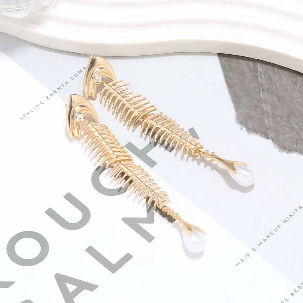 Long Alloy Fishbone Stitching Imitation Pearl Eardrops Design Sense Marine Rings
