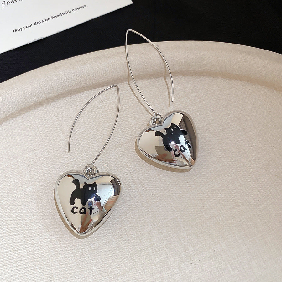 Heart-shaped Sweet Cool Printed Ear Hook High-grade Unique Beautiful Niche Earrings